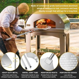 Joyfair 12 Inch Perforated Pizza Peel Aluminum Pizzas Spatula, Metal Pizza Paddle with Rocker Cutter Pizza Oven Accessories Turning Tool Set, 38.5”- 49” Long Detachable Handles (SS Handle)