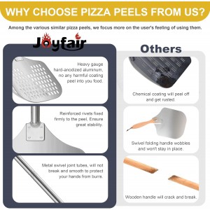 Joyfair 12 Inch Perforated Pizza Peel Aluminum Pizzas Spatula, Metal Pizza Paddle with Rocker Cutter Pizza Oven Accessories Turning Tool Set, 38.5”- 49” Long Detachable Handles (SS Handle)