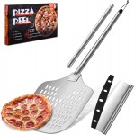 Joyfair 12 Inch Perforated Pizza Peel Aluminum Pizzas Spatula, Metal Pizza Paddle with Rocker Cutter Pizza Oven Accessories Turning Tool Set, 38.5”- 49” Long Detachable Handles (SS Handle)