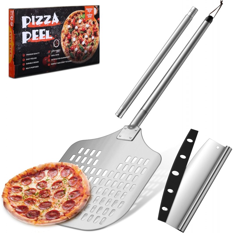 Joyfair 12 Inch Perforated Pizza Peel Aluminum Pizzas Spatula, Metal Pizza Paddle with Rocker Cutter Pizza Oven Accessories Turning Tool Set, 38.5”- 49” Long Detachable Handles (SS Handle)