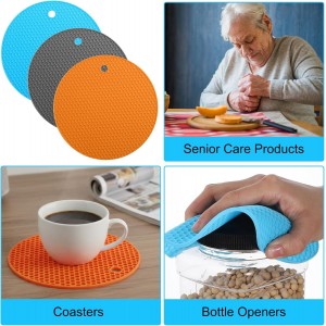 3pcs Rubber Grippers for Opening Jars - 7 Inch Rubber Jar Opener Grippers Non-Slip Round Bottle Lid Opener - Heat Resistant Coasters Mats for Weak Hands Seniors Children, Orange Blue Gray
