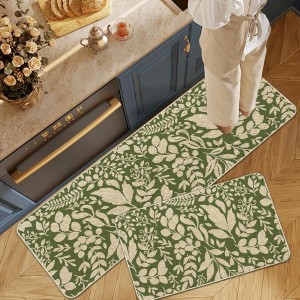 Spring Kitchen Rug and Mat Set of 2 Green Leaves Floor Mat Non Slip Rubber Backing Low-Profile Kitchen Rugs for Floor Summer Kitchen Decor for Home Bath Office- 17x29 and 17x47 Inch