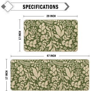 Spring Kitchen Rug and Mat Set of 2 Green Leaves Floor Mat Non Slip Rubber Backing Low-Profile Kitchen Rugs for Floor Summer Kitchen Decor for Home Bath Office- 17x29 and 17x47 Inch
