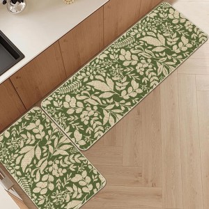 Spring Kitchen Rug and Mat Set of 2 Green Leaves Floor Mat Non Slip Rubber Backing Low-Profile Kitchen Rugs for Floor Summer Kitchen Decor for Home Bath Office- 17x29 and 17x47 Inch