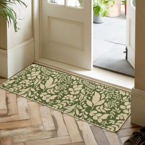 Spring Kitchen Rug and Mat Set of 2 Green Leaves Floor Mat Non Slip Rubber Backing Low-Profile Kitchen Rugs for Floor Summer Kitchen Decor for Home Bath Office- 17x29 and 17x47 Inch