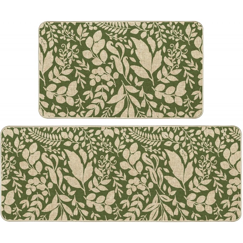 Spring Kitchen Rug and Mat Set of 2 Green Leaves Floor Mat Non Slip Rubber Backing Low-Profile Kitchen Rugs for Floor Summer Kitchen Decor for Home Bath Office- 17x29 and 17x47 Inch