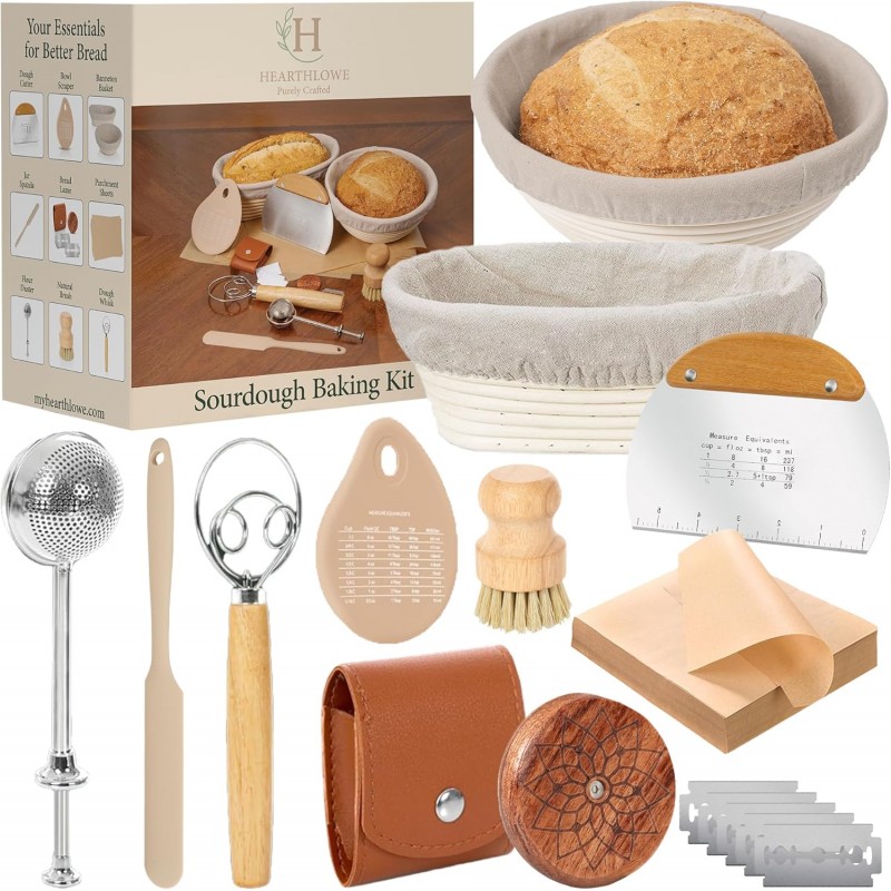 Sourdough Baking Kit Complete Starter Set with Banneton Proofing Basket Bread Lame Dough Scraper Whisk and Guide for Homemade Artisan Bread
