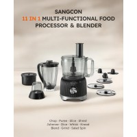 Sangcon Smoothie Blender and Food Processor Combo for Kitchen, 600W Vegetable Chopper with 2 x 8-Cup Bowls, 11-in-1 Food Chopper for Slicing, Shredding, Mixing, Purees & Dough, Shakes, BPA-Free