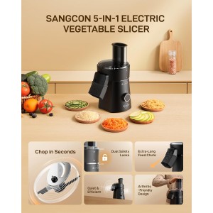 Sangcon Electric Cheese Grater for Block Cheese, 5-in-1 Automatic Salad Shooter & Vegetable Slicer with 5 Stainless Steel Blades, One-Touch Electric Grater for Cheese, Vegetables, Fruits & Nuts