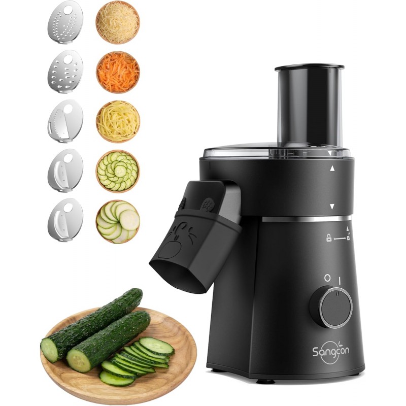 Sangcon Electric Cheese Grater for Block Cheese, 5-in-1 Automatic Salad Shooter & Vegetable Slicer with 5 Stainless Steel Blades, One-Touch Electric Grater for Cheese, Vegetables, Fruits & Nuts
