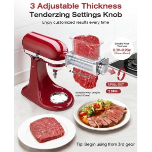 Adjustable Meat Tenderizer Attachment for KitchenAid Stand Mixers 3 Thickness Settings with Wide Metal Wheel & Tall Chute Meat Tenderizer Tool (meat tenderizer)