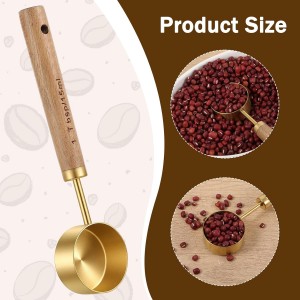 2Pcs Stainless Steel Wood 1 Teaspoon Scoop, Wood Long Handle Coffee Scoop Gold Stainless Steel Tablespoon Measuring Spoon for Ground Coffee Tea, 15ml