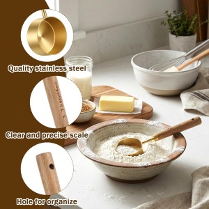2Pcs Stainless Steel Wood 1 Teaspoon Scoop, Wood Long Handle Coffee Scoop Gold Stainless Steel Tablespoon Measuring Spoon for Ground Coffee Tea, 15ml