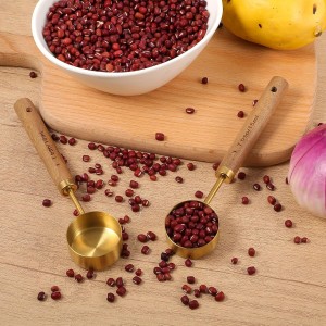 2Pcs Stainless Steel Wood 1 Teaspoon Scoop, Wood Long Handle Coffee Scoop Gold Stainless Steel Tablespoon Measuring Spoon for Ground Coffee Tea, 15ml