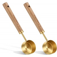 2Pcs Stainless Steel Wood 1 Teaspoon Scoop, Wood Long Handle Coffee Scoop Gold Stainless Steel Tablespoon Measuring Spoon for Ground Coffee Tea, 15ml