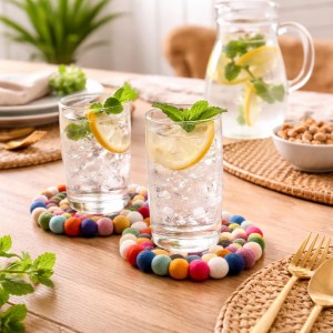 Round Felt Ball Coasters - 100% Merino Wool Table Coasters - Felt Coaster Pads, Absorbent Trivet for Drinks - Heat Resistant, Thick & Durable Hand Felted - Woolygon - Multicolor Set of 5 (Rainbow)