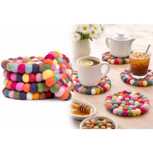 Round Felt Ball Coasters - 100% Merino Wool Table Coasters - Felt Coaster Pads, Absorbent Trivet for Drinks - Heat Resistant, Thick & Durable Hand Felted - Woolygon - Multicolor Set of 5 (Rainbow)