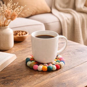 Round Felt Ball Coasters - 100% Merino Wool Table Coasters - Felt Coaster Pads, Absorbent Trivet for Drinks - Heat Resistant, Thick & Durable Hand Felted - Woolygon - Multicolor Set of 5 (Rainbow)