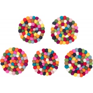 Round Felt Ball Coasters - 100% Merino Wool Table Coasters - Felt Coaster Pads, Absorbent Trivet for Drinks - Heat Resistant, Thick & Durable Hand Felted - Woolygon - Multicolor Set of 5 (Rainbow)