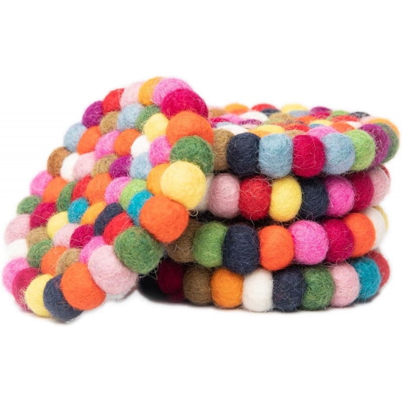 Round Felt Ball Coasters - 100% Merino Wool Table Coasters - Felt Coaster Pads, Absorbent Trivet for Drinks - Heat Resistant, Thick & Durable Hand Felted - Woolygon - Multicolor Set of 5 (Rainbow)