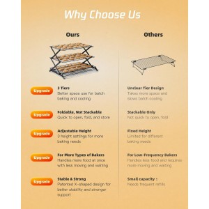 3-Tier Collapsible Cooling Rack - Adjustable & Stackable Wire Baking Rack with Stable X-Leg Design, Space-Saving Cooling Racks for Cooking, Baking Cookies, Cakes, Roasting & Drying (Black)