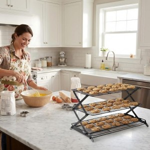 3-Tier Collapsible Cooling Rack - Adjustable & Stackable Wire Baking Rack with Stable X-Leg Design, Space-Saving Cooling Racks for Cooking, Baking Cookies, Cakes, Roasting & Drying (Black)