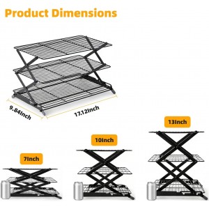 3-Tier Collapsible Cooling Rack - Adjustable & Stackable Wire Baking Rack with Stable X-Leg Design, Space-Saving Cooling Racks for Cooking, Baking Cookies, Cakes, Roasting & Drying (Black)