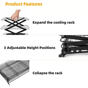 3-Tier Collapsible Cooling Rack - Adjustable & Stackable Wire Baking Rack with Stable X-Leg Design, Space-Saving Cooling Racks for Cooking, Baking Cookies, Cakes, Roasting & Drying (Black)