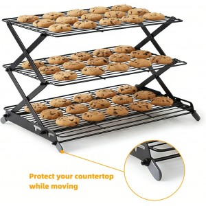 3-Tier Collapsible Cooling Rack - Adjustable & Stackable Wire Baking Rack with Stable X-Leg Design, Space-Saving Cooling Racks for Cooking, Baking Cookies, Cakes, Roasting & Drying (Black)