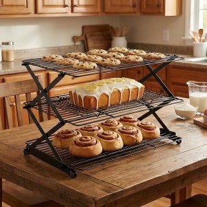 3-Tier Collapsible Cooling Rack - Adjustable & Stackable Wire Baking Rack with Stable X-Leg Design, Space-Saving Cooling Racks for Cooking, Baking Cookies, Cakes, Roasting & Drying (Black)