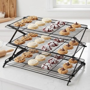3-Tier Collapsible Cooling Rack - Adjustable & Stackable Wire Baking Rack with Stable X-Leg Design, Space-Saving Cooling Racks for Cooking, Baking Cookies, Cakes, Roasting & Drying (Black)