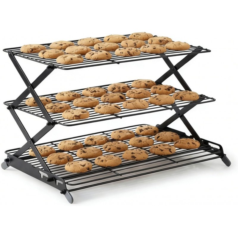 3-Tier Collapsible Cooling Rack - Adjustable & Stackable Wire Baking Rack with Stable X-Leg Design, Space-Saving Cooling Racks for Cooking, Baking Cookies, Cakes, Roasting & Drying (Black)
