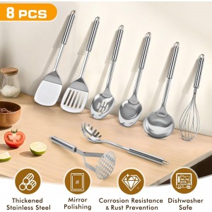 8 Pcs Cooking Utensils Set, Stainless Steel Kitchen Utensils, Heat Resistant Metal Kitchen Tools Include Solid & Slotted Spatula, Serving Spoon, Ladle, Pasta Server,Potato Maseher, Egg Whisk, Silver