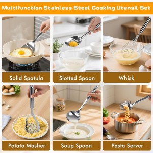 8 Pcs Cooking Utensils Set, Stainless Steel Kitchen Utensils, Heat Resistant Metal Kitchen Tools Include Solid & Slotted Spatula, Serving Spoon, Ladle, Pasta Server,Potato Maseher, Egg Whisk, Silver