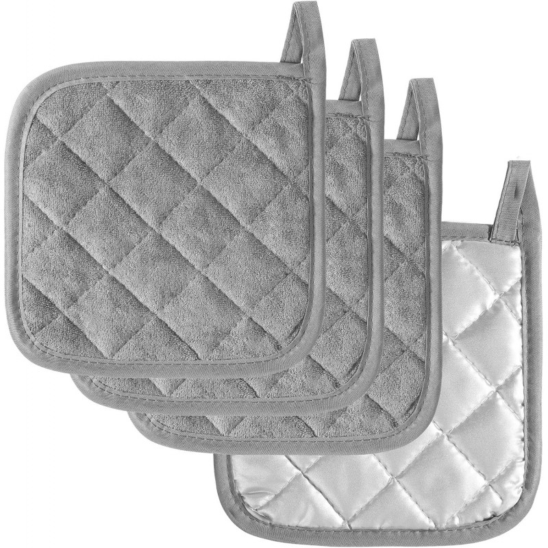 4 Pcs Kitchen Pot Holders, Hot Pads with Hanging Loops, Heat Resistant Pot Holders Oven Hot Pads for Kitchen Oven Pan Baking Cooking Potholders Accessories (Grey, 6.7inch)