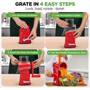 NutriChef 5 in 1 Cheese Grater & Shredder | 5 Different Blades for Thin, Thick, Julienne Strips, Wavy, & Straight Strips | Includes Hand Crank, Strong Suction Base & Storage Container | Red