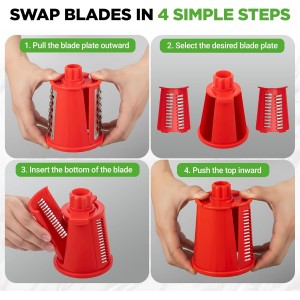 NutriChef 5 in 1 Cheese Grater & Shredder | 5 Different Blades for Thin, Thick, Julienne Strips, Wavy, & Straight Strips | Includes Hand Crank, Strong Suction Base & Storage Container | Red