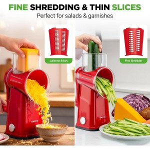 NutriChef 5 in 1 Cheese Grater & Shredder | 5 Different Blades for Thin, Thick, Julienne Strips, Wavy, & Straight Strips | Includes Hand Crank, Strong Suction Base & Storage Container | Red
