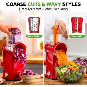 NutriChef 5 in 1 Cheese Grater & Shredder | 5 Different Blades for Thin, Thick, Julienne Strips, Wavy, & Straight Strips | Includes Hand Crank, Strong Suction Base & Storage Container | Red