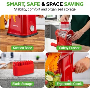 NutriChef 5 in 1 Cheese Grater & Shredder | 5 Different Blades for Thin, Thick, Julienne Strips, Wavy, & Straight Strips | Includes Hand Crank, Strong Suction Base & Storage Container | Red