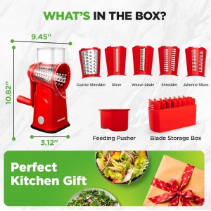 NutriChef 5 in 1 Cheese Grater & Shredder | 5 Different Blades for Thin, Thick, Julienne Strips, Wavy, & Straight Strips | Includes Hand Crank, Strong Suction Base & Storage Container | Red