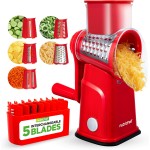 NutriChef 5 in 1 Cheese Grater & Shredder | 5 Different Blades for Thin, Thick, Julienne Strips, Wavy, & Straight Strips | Includes Hand Crank, Strong Suction Base & Storage Container | Red