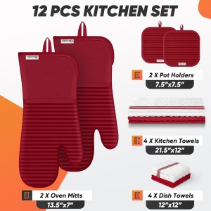 Oven Mitts Kitchen Towels and Dishcloths with Pot Holders Sets, Oven Gloves Hot Pads 500°F Heat Resistant with Silicone Grip, Include 2 Cooking Gloves/2 Potholders/4 Kitchen Towels/4 Dish Towels-Red