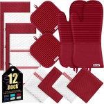 Oven Mitts Kitchen Towels and Dishcloths with Pot Holders Sets, Oven Gloves Hot Pads 500°F Heat Resistant with Silicone Grip, Include 2 Cooking Gloves/2 Potholders/4 Kitchen Towels/4 Dish Towels-Red