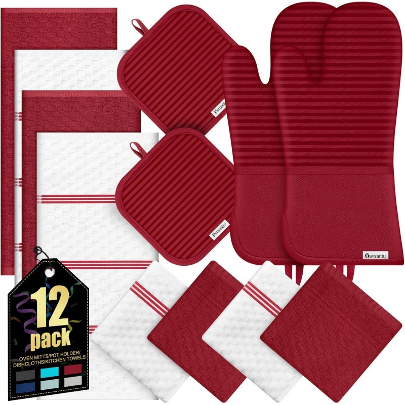 Oven Mitts Kitchen Towels and Dishcloths with Pot Holders Sets, Oven Gloves Hot Pads 500°F Heat Resistant with Silicone Grip, Include 2 Cooking Gloves/2 Potholders/4 Kitchen Towels/4 Dish Towels-Red