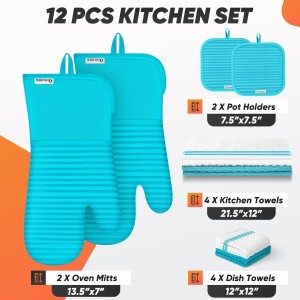 Oven Mitts Kitchen Towels and Dishcloths with Pot Holders Sets, Oven Gloves Hot Pads 500°F Heat Resistant with Silicone Grip, Include 2 Cooking Gloves/2 Potholders/4 Kitchen Towels/4 Dish Towels