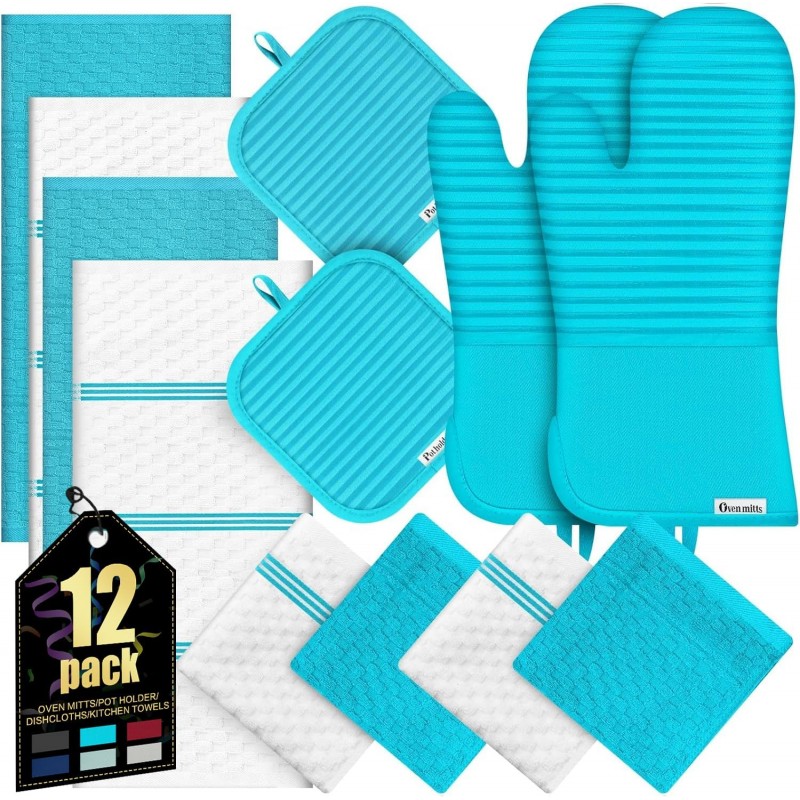 Oven Mitts Kitchen Towels and Dishcloths with Pot Holders Sets, Oven Gloves Hot Pads 500°F Heat Resistant with Silicone Grip, Include 2 Cooking Gloves/2 Potholders/4 Kitchen Towels/4 Dish Towels
