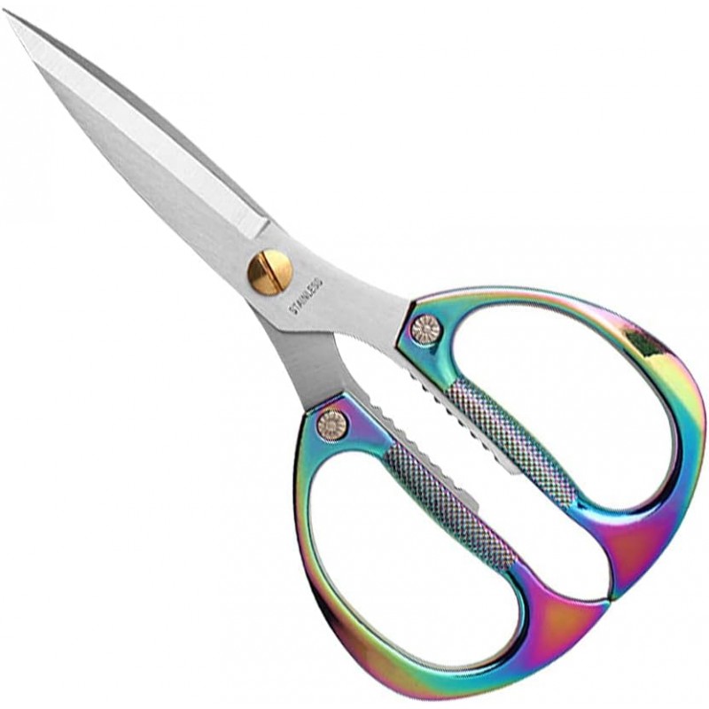 Multi-Purpose Kitchen Shears Scissors, Heavy Duty Stainless Steel Kitchen Scissors for Food with Strong Straight Edge Snips Colorful Handle (Iridescent Color)