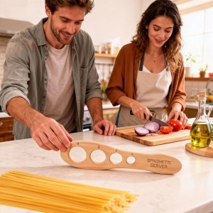 Premium Beechwood Pasta Measuring Tool - 4-in-1 Wooden Spaghetti Measurer with Exact Portion Control (1-4 Servings)