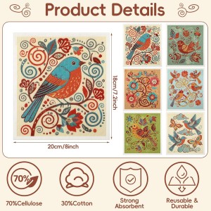 Tegeme 12 Pack Sweden Dishcloths 6 Patterns Super Absorbent Reusable Quick-Drying Washable Sponge Cloths for Kitchen Dishwashing Counters Household Cleaning Durable(Birds and Flowers)